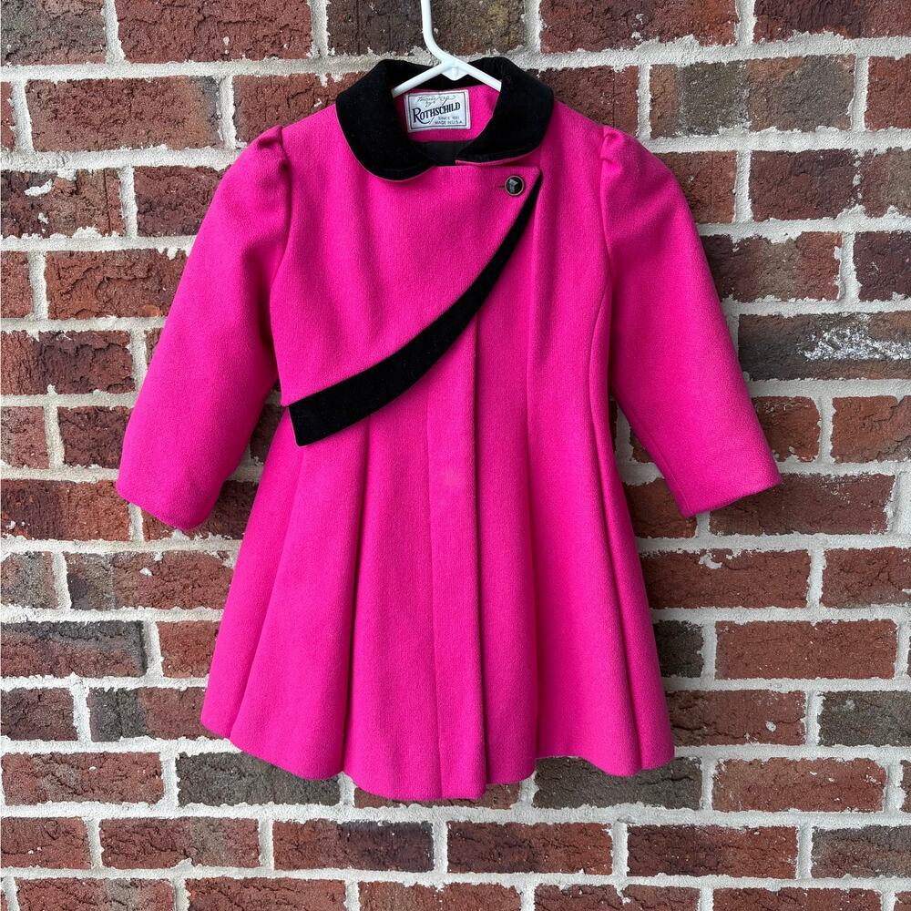 Vintage Rothschild Pink Wool Coat Black Velvet Size 5y